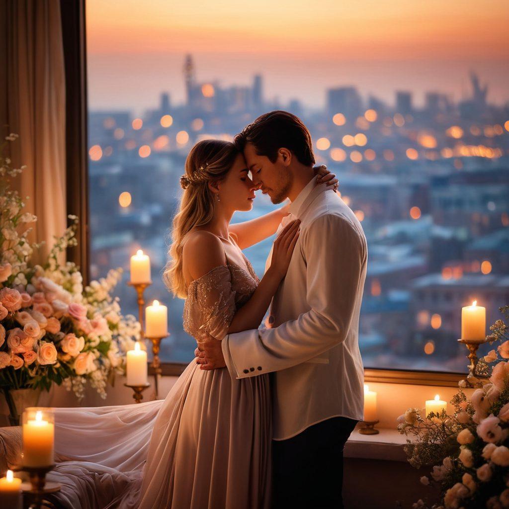 An evocative scene depicting a couple embracing under soft candlelight, surrounded by delicate flowers and rich velvet fabrics that evoke warmth and intimacy. The background features a hazy cityscape at twilight, hinting at modern romance. Gentle wisps of smoke curl above them, suggesting the allure of desire. The atmosphere is filled with a dreamy glow, enhancing the sensuality of the moment. soft focus. vibrant colors. painting.